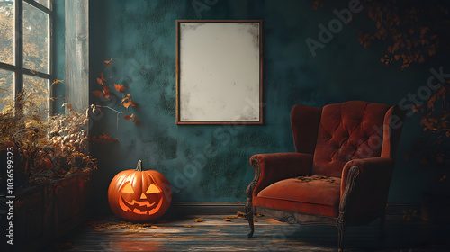 Halloween-Themed Room with Dark Walls and a White Poster – A Spooky and Stylish Space Perfect for Celebrating the Halloween Spirit. The Contrast of Dark and Light Creates a Unique Ambiance for Festivi photo