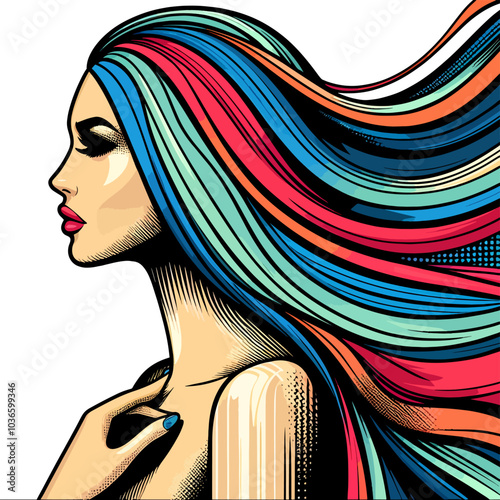 woman with long, colorful hair is the main focus of the image. The hair is styled in a way that makes it appear as if it is flowing in the wind beauty