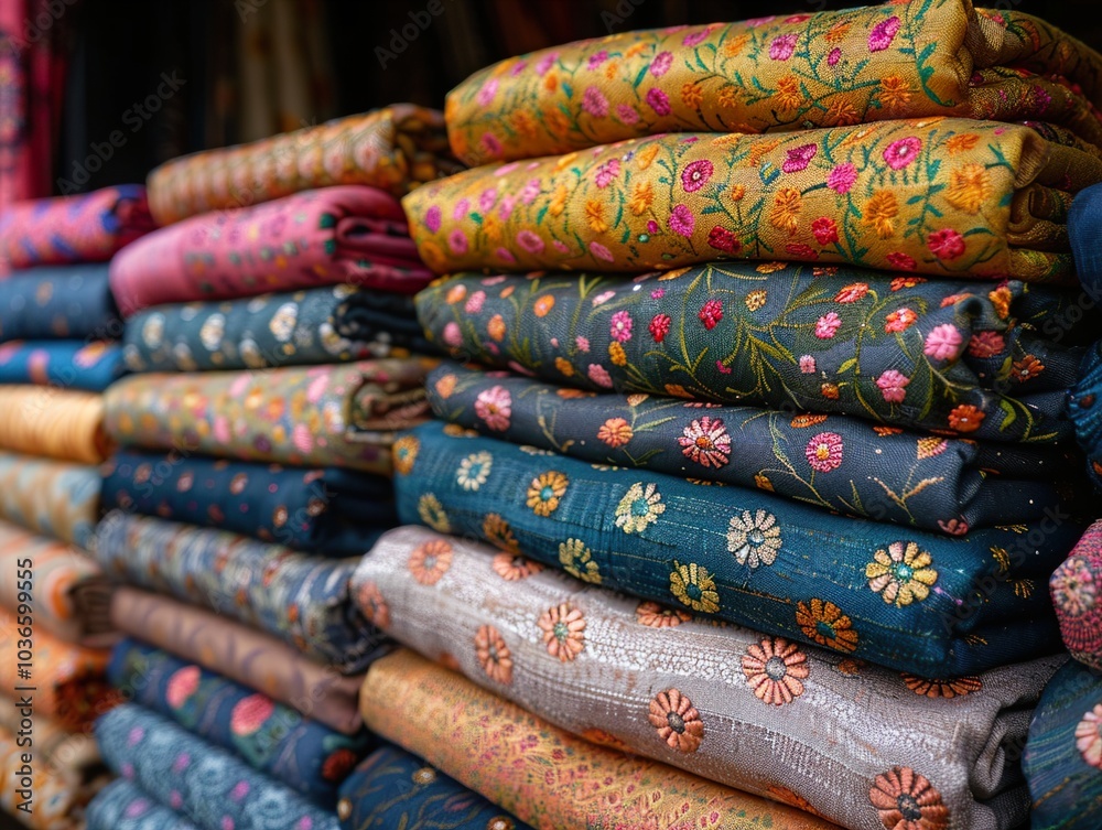 Vibrant Floral Fabric Rolls in a Market Stall Vibrant Floral Fabric Rolls in a Market Stall