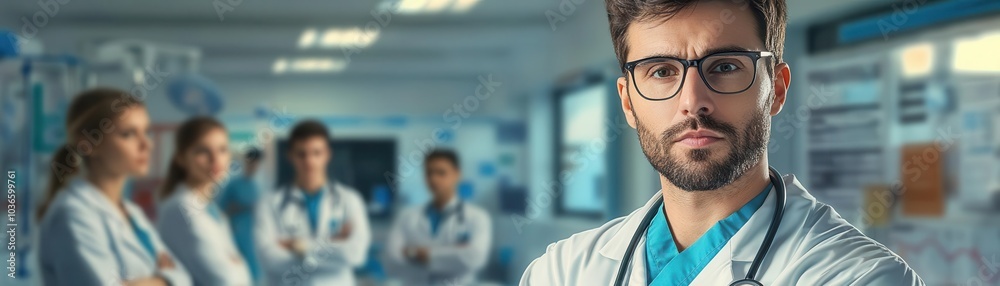 Doctor talking to patients in a sunny waiting room. Doctor talking to patients in a sunny waiting room.
