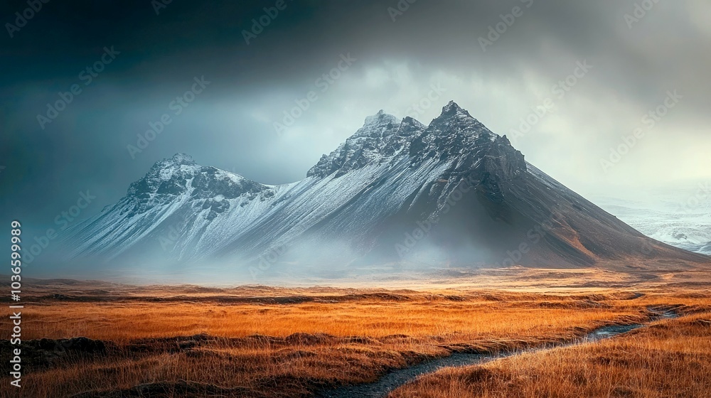 Majestic snow-capped mountain peaks rise above a field of dried grass and a small stream in Iceland with a dramatic sky. Majestic snow-capped mountain peaks rise above a field of dried grass and a small stream in Iceland with a dramatic sky.
