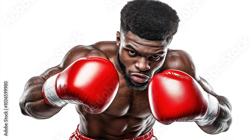 A focused boxer wearing red boxing gloves in a fighting stance, preparing to throw a punch on a white background