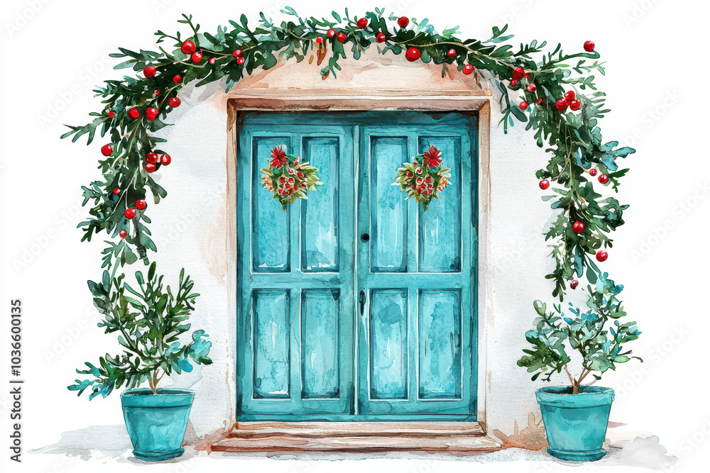 Fototapeta premium A charming blue door adorned with festive decorations, flanked by potted plants and vibrant greenery, evoking a warm, inviting holiday spirit.