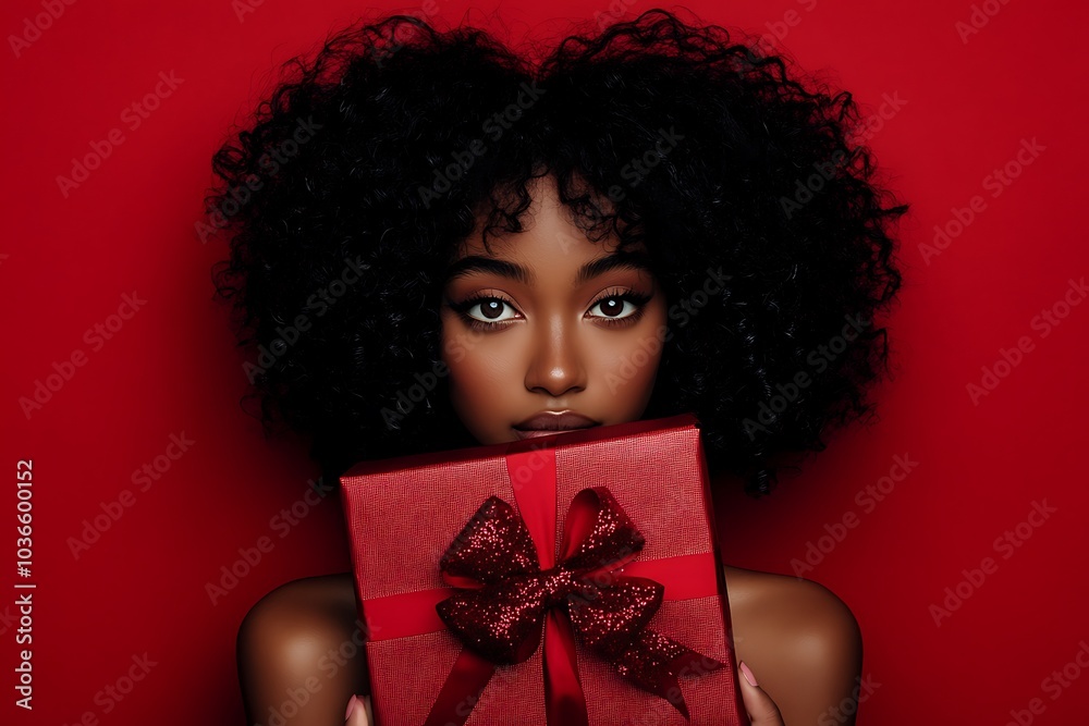Striking Portrait of Woman with Voluminous Curly Hair Holding Red Gift Box Striking Portrait of Woman with Voluminous Curly Hair Holding Red Gift Box