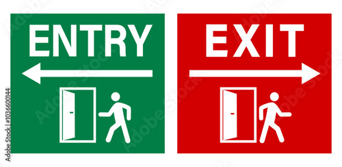 Entry and exit signs with a person entering or leaving from a door. Directional arrows. The entry sign is green, the exit one is red.