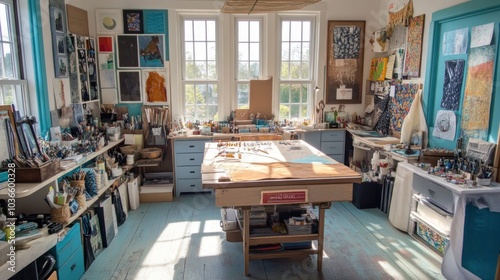 A well-lit, rustic art studio filled with creative clutter and natural light.