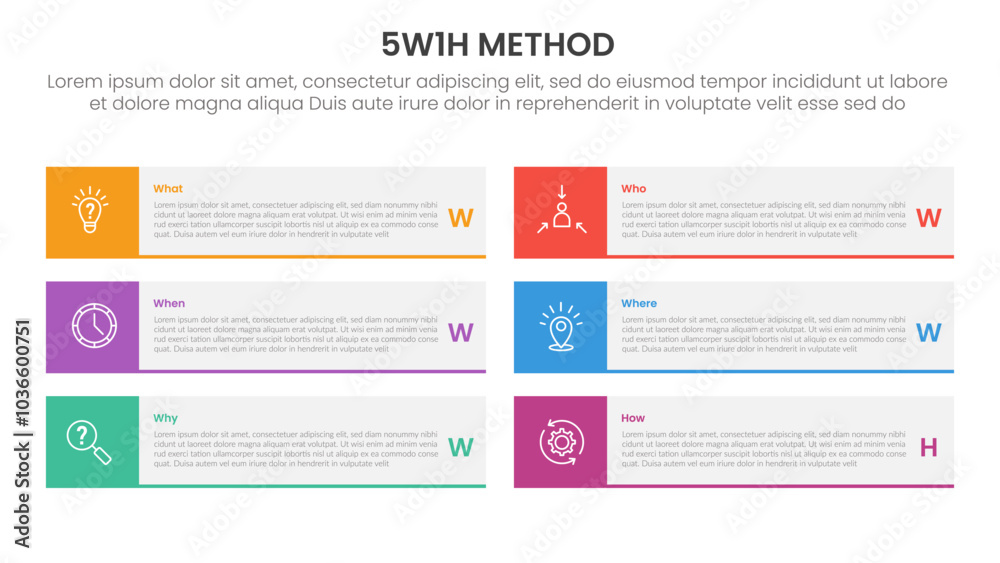 5W1H analysis infographic with big rectangle and square badge with 6 step points for slide presentation 5W1H analysis infographic with big rectangle and square badge with 6 step points for slide presentation