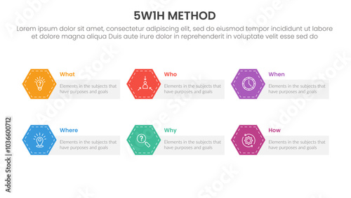 5W1H analysis infographic with rectangle box and hexagon badge with 6 step points for slide presentation