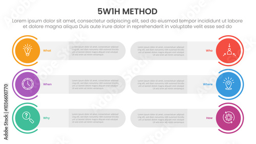 5W1H analysis infographic with round rectangle and circle badge with 6 step points for slide presentation