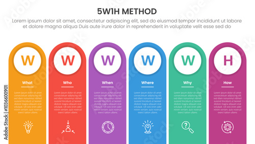 5W1H analysis infographic with round rectangle shape as container with 6 step points for slide presentation