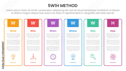 5W1H analysis infographic with outline tall box creative header badge with 6 step points for slide presentation