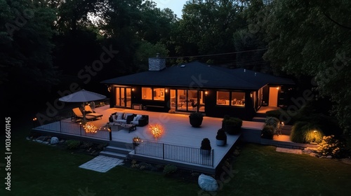 A modern home with a large wooden deck lit up at night.