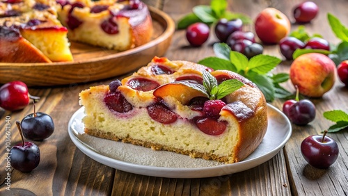 Wallpaper Mural Slice of plum cake with wooden table Torontodigital.ca