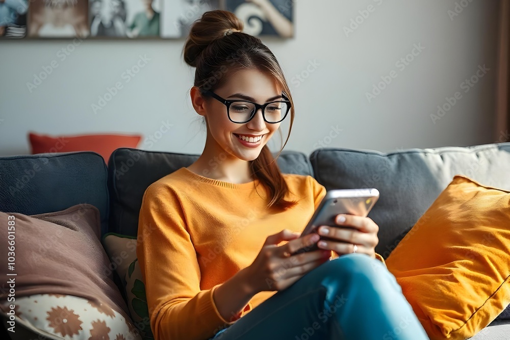 Smiling young woman wearing glasses looking at cell phone doing ecommerce mobile shopping relaxing on sofa in living room. Happy mature young woman using smartphone sitting on couch at home Smiling young woman wearing glasses looking at cell phone doing ecommerce mobile shopping relaxing on sofa in living room. Happy mature young woman using smartphone sitting on couch at home