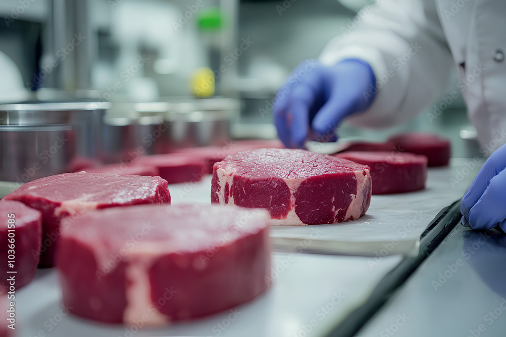 Scientist examining plantbased meat in a laboratory, labgrown meat, food innovation Scientist examining plantbased meat in a laboratory, labgrown meat, food innovation