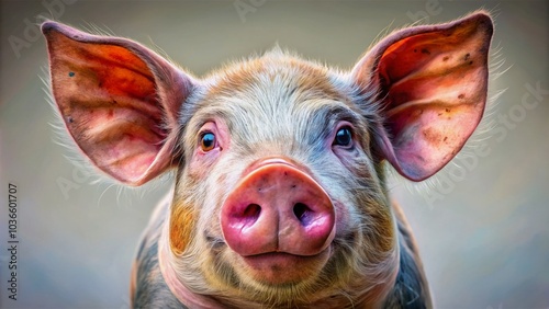 A close-up portrait of a domestic pig, facing the viewer, showcasing realistic details.