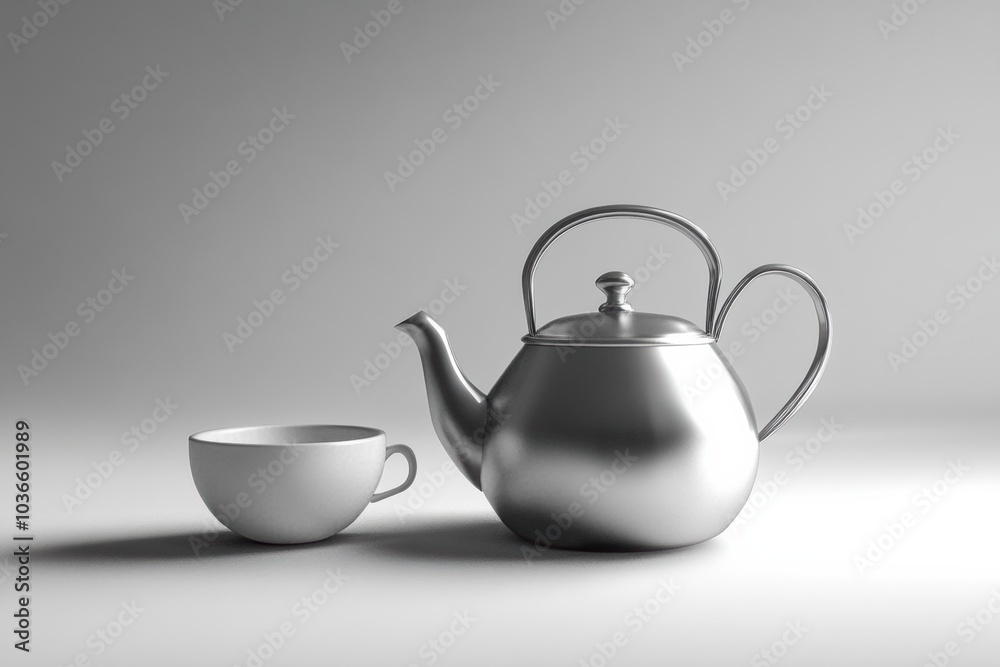 A polished tea kettle rests gracefully next to a simple white cup, illuminated by gentle natural light in a serene setting. Generative AI A polished tea kettle rests gracefully next to a simple white cup, illuminated by gentle natural light in a serene setting. Generative AI