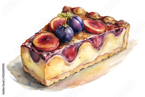 Watercolor hand drawn Slice of plum cake with fruits