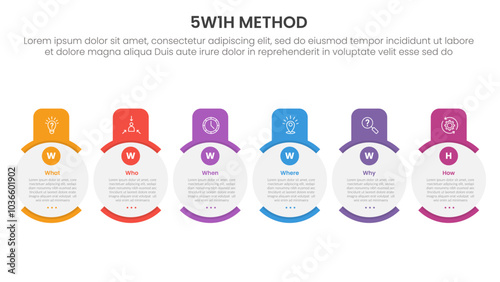 5W1H analysis infographic with creative circle and round header on horizontal direction with 6 step points for slide presentation