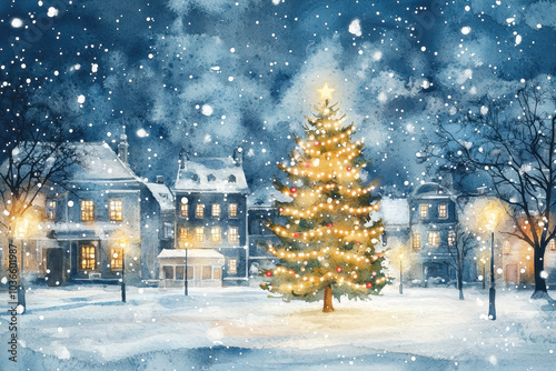 A tranquil winter scene featuring a brightly lit Christmas tree in a snowy village, with softly falling snowflakes and illuminated buildings.