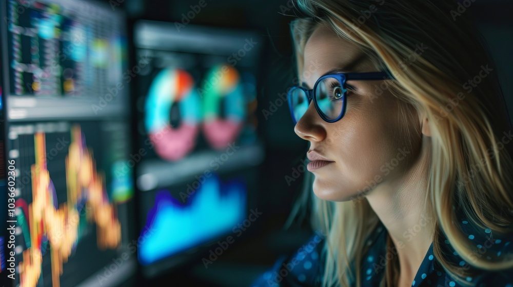 A businesswoman using data analytics to drive business growth. A businesswoman using data analytics to drive business growth.