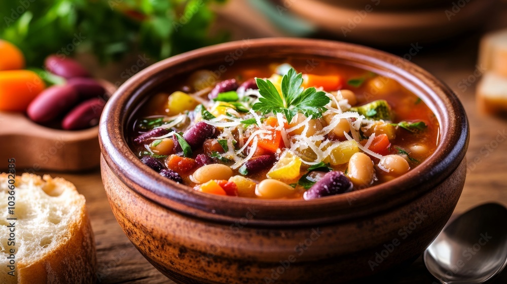 A hearty bowl of minestrone soup with a variety of vegetables, beans, pasta A hearty bowl of minestrone soup with a variety of vegetables, beans, pasta
