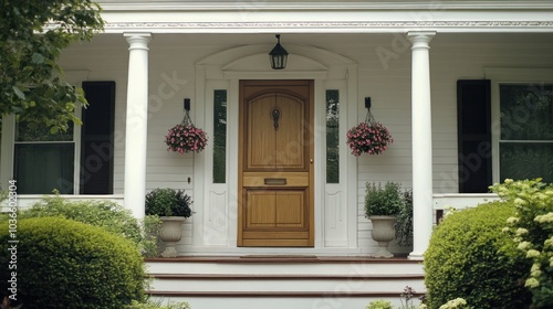 Front porch of a white house with a wooden door, flower pots, and lush green bushes.