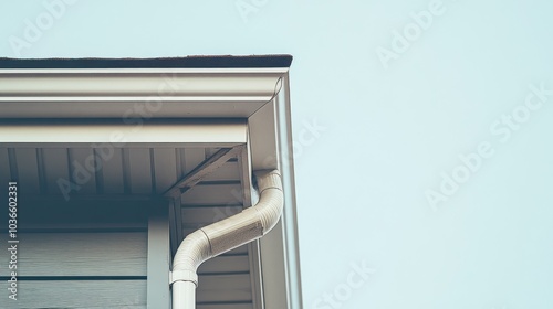 White gutter and downspout on a house with a blue sky background.