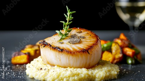 Fototapeta Naklejka Na Ścianę i Meble -  Pan-seared scallop with polenta, vegetables and truffle, next to a glass of white wine.