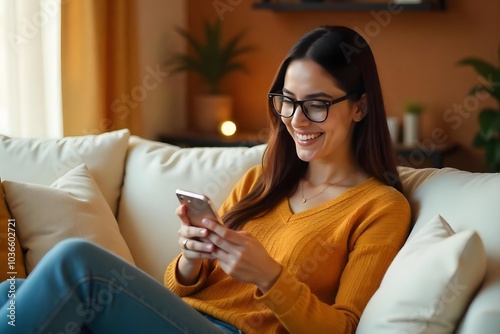 Smiling young woman wearing glasses looking at cell phone doing ecommerce mobile shopping relaxing on sofa in living room. Happy mature young woman using smartphone sitting on couch at home