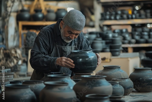 An artisan crafting traditional black pottery, showcasing preserved techniques. photo