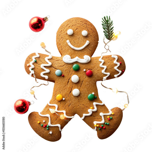 Cute Scandinavian Christmas gingerbread man cookie surrounded by ornaments and lights on a white background