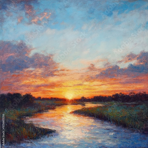 . Sunset over serene landscape