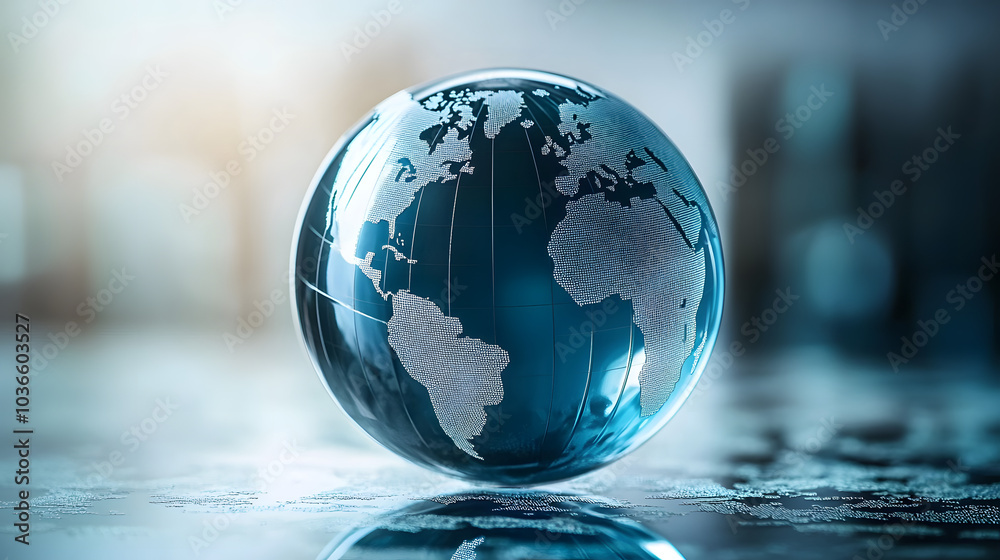 Glass Earth Globe with City Reflections on Futuristic Blue Background, Symbolizing Global Connectivity and Modern Technology Glass Earth Globe with City Reflections on Futuristic Blue Background, Symbolizing Global Connectivity and Modern Technology