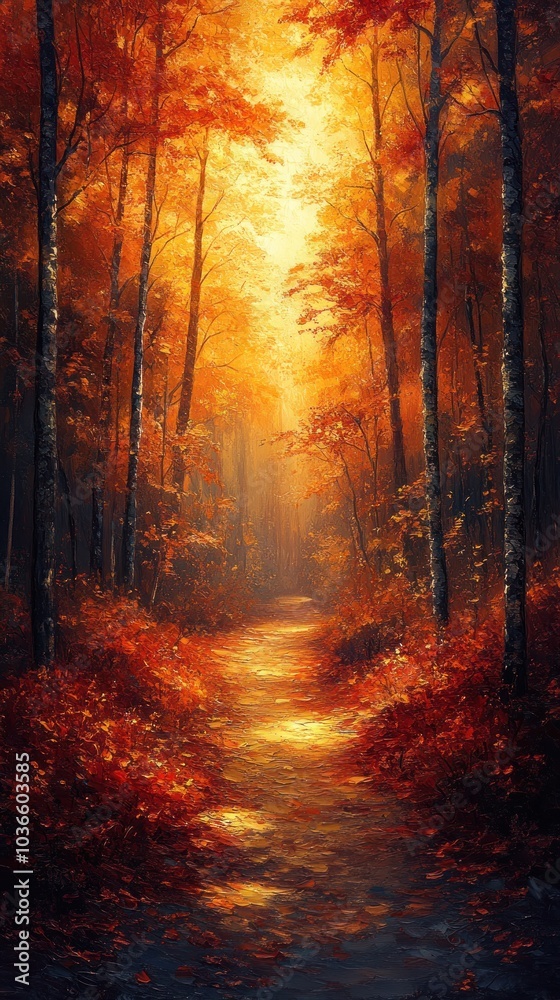 Fototapeta premium Autumn Forest Path Painting - Golden Sunlight Through Trees