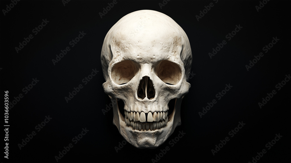 Human skull, isolated, front view with intricate bone details