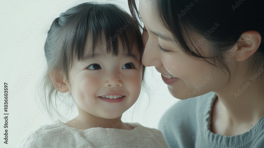 冬の屋外で日本人の幼児と母親が笑顔で見つめ合っている