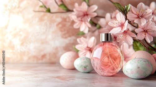 Magical Easter Perfume Bottle with Surreal Spray Background