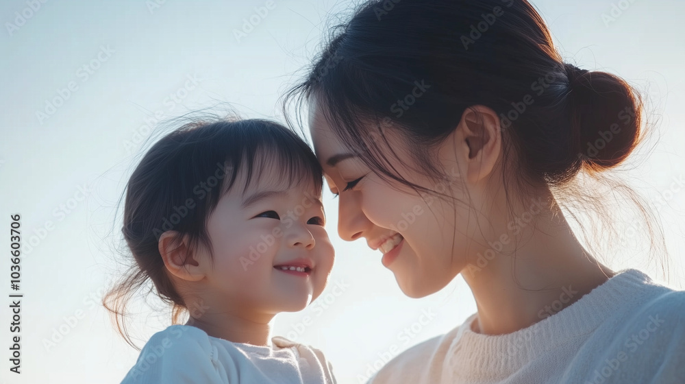屋外で日本人の幼児と母親が笑顔で見つめ合っている