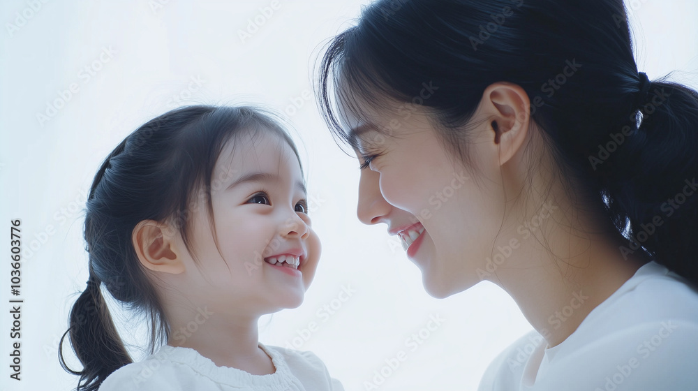 部屋で日本人の幼児と母親が笑顔で見つめ合っている