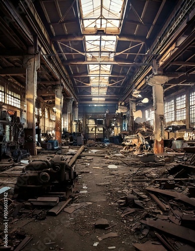 A large, abandoned factory filled with broken machinery, scattered debris, and decaying structures, representing industrial decline and urban decay.