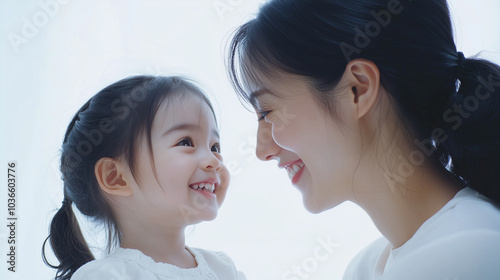 Obraz na płótnie 部屋で日本人の幼児と母親が笑顔で見つめ合っている w salonie
