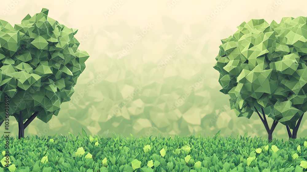 Obraz premium Low Poly Green Landscape with Stylized Trees and Grass, Geometric Nature Background in Pastel Tones