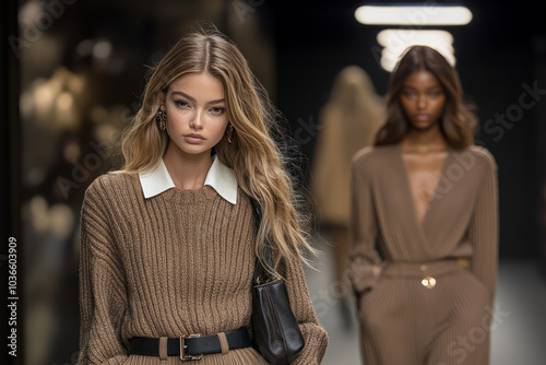 Model walking on runway with stylish knitwear outfit