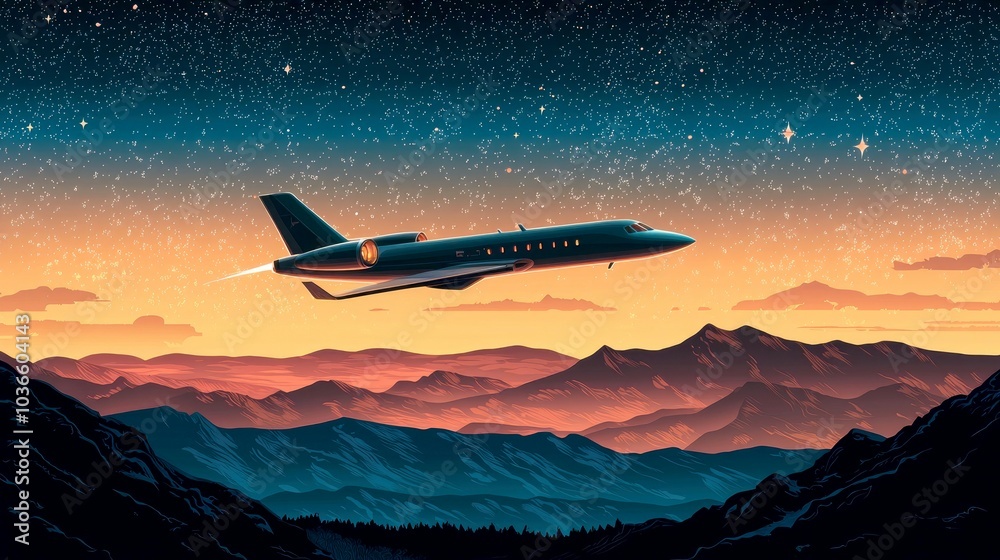 Private jet flying over mountains at sunset. Private jet flying over mountains at sunset.