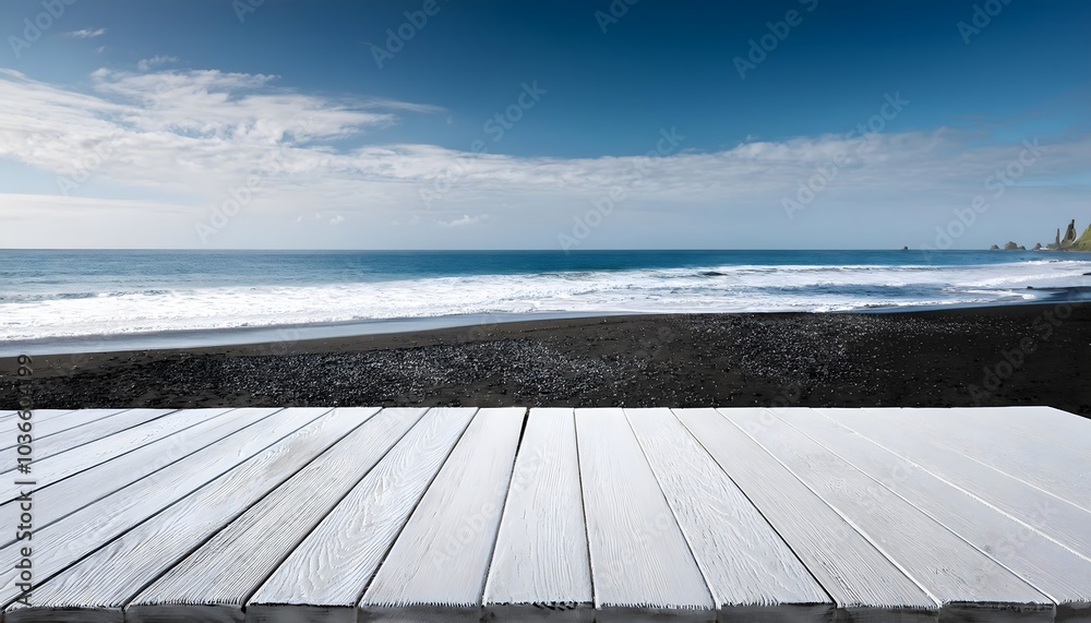 Rustic white wooden table deck on blue ocean waves on black sand beach. serene powerful coastal seawater scene. Marine aqua shoreline horizon Rustic white wooden table deck on blue ocean waves on black sand beach. serene powerful coastal seawater scene. Marine aqua shoreline horizon
