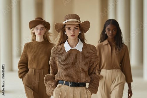 Group of women in neutral, chic fashion outfits. photo