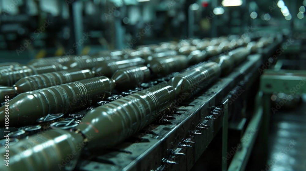 Stunning close up of artillery grenades on an industrial ammunition production line Stunning close up of artillery grenades on an industrial ammunition production line