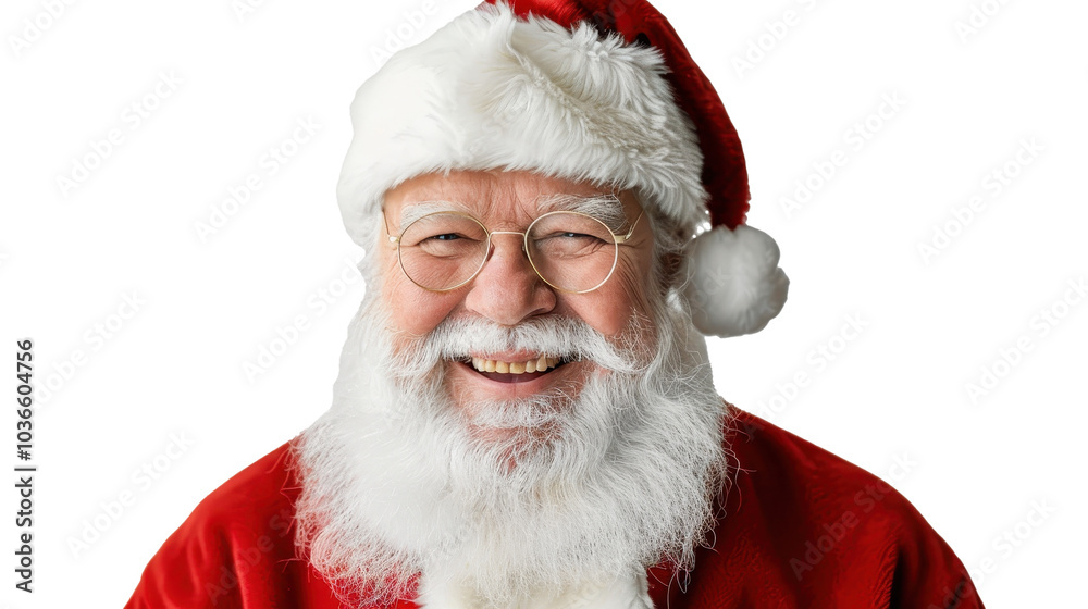 Naklejka premium Santa Claus in a bright red suit and fluffy beard joyfully celebrates Christmas with a cheerful smile against a white background