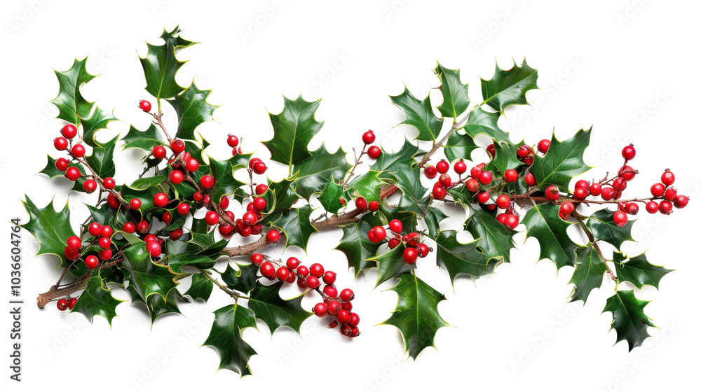 Fototapeta premium Holly branches adorned with vibrant red berries resting on a clean white background for a festive New Year and Christmas ambiance